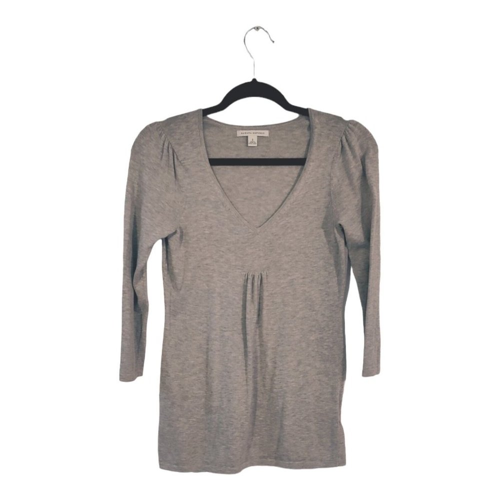 Banana Republic Women Gray 3/4 Sleeve Lightweight Knit Sweater V Neck Top S